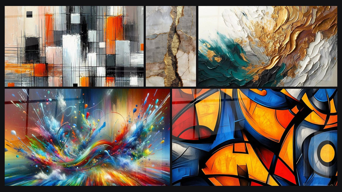 Mosaico di cinque quadri, tra cui Meccanica dei Colori, Vene dorate e texture grigie beige e Traccia in Oro e Giada