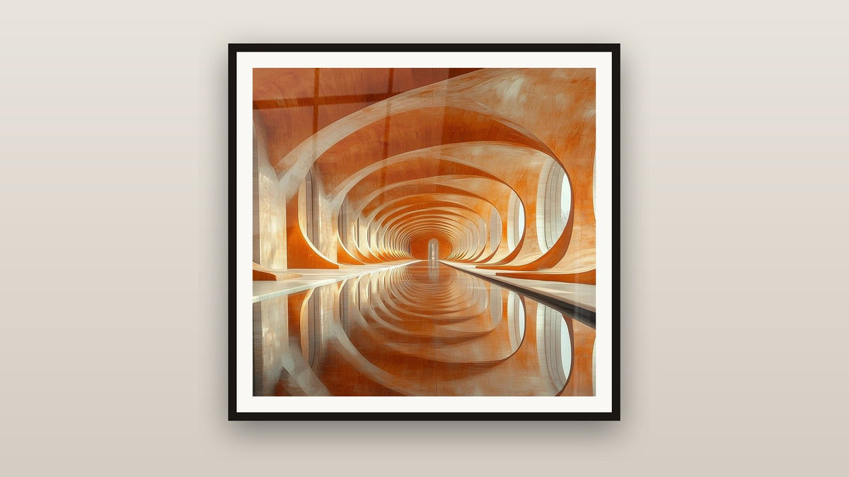 Gerahmtes Gemälde an einer Wand: Tunnel Unendlich Orange