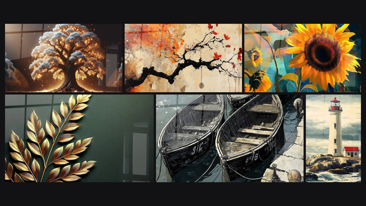 Mosaic of six paintings, including Night Tree, Golden Leaves and Terracotta Wall Art No.4