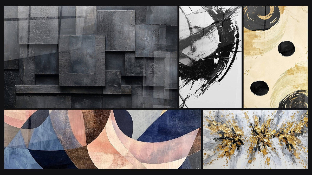 Mozaïek van vijf schilderijen, waaronder Abstract geometrisch grijs kolen zwart en Gracieuze Bogen Terracotta