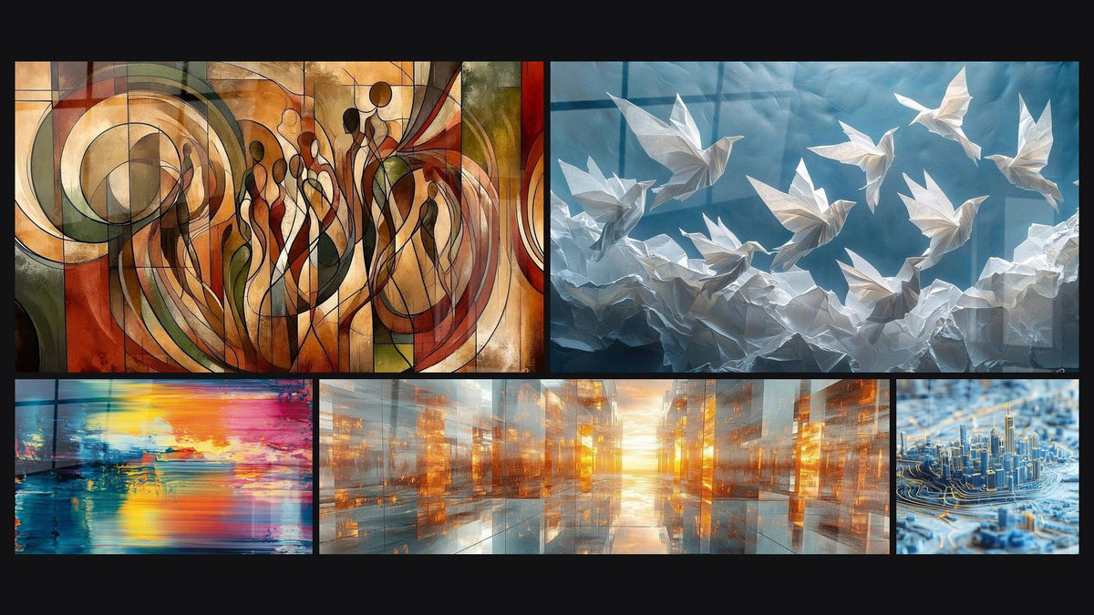 Mosaïque de cinq tableaux, dont Danse des Silhouettes, Abstrait coloré et Métropole âme de cuivre