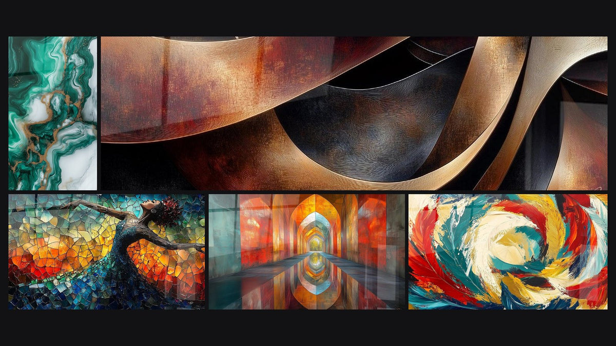 Mosaik aus fünf Gemälden, darunter Befreiender Feuer Tanz Rot, Sinuositäten Meditation Ocker und Gewölbe Schillernde Zinnober