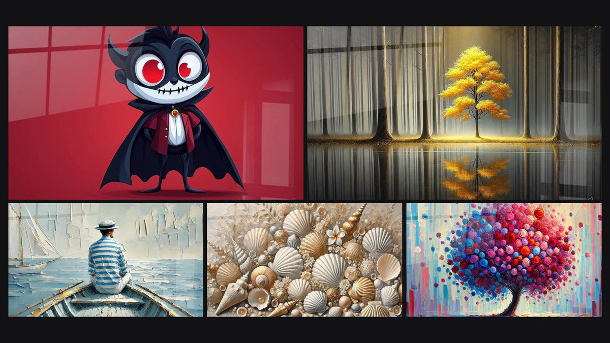 Mosaic of five paintings, including Vampire Wall Art N°2, The Art of Water and Jewels of the Sands
