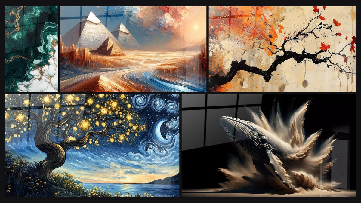 Mosaic of five paintings, including Egyptian Mirage, Terracotta Wall Art No.4 and Elise's Whale