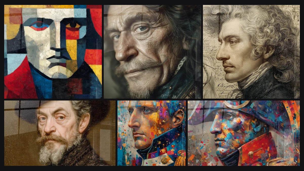 Mosaico di sei quadri, tra cui Volto Puzzle Espressivo, Ritratto Maestro Pensatore e Napoleone Splendori d'Impero