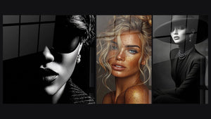 Mosaic of three paintings, including Seductive Woman and Elegant Woman