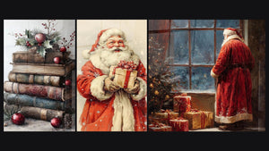 Mozaïek van drie schilderijen, waaronder Kerstman Schatkist van Generositeit en De Kerstman, een magisch moment