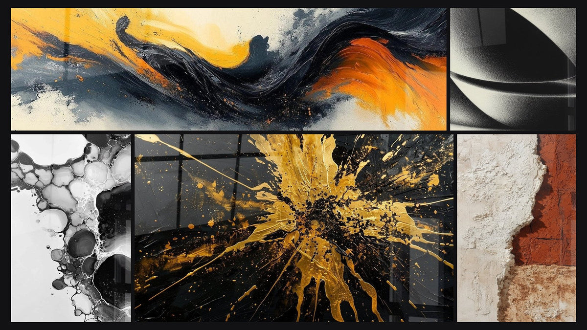 Mosaïque de cinq tableaux, dont Symphonie Contrastée Noir, Sphère abstraite et Bulles abstraites
