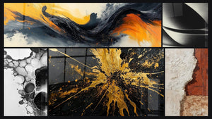 Mozaïek van vijf schilderijen, waaronder Gecontrasteerde Symfonie Zwart en Abstracte bol