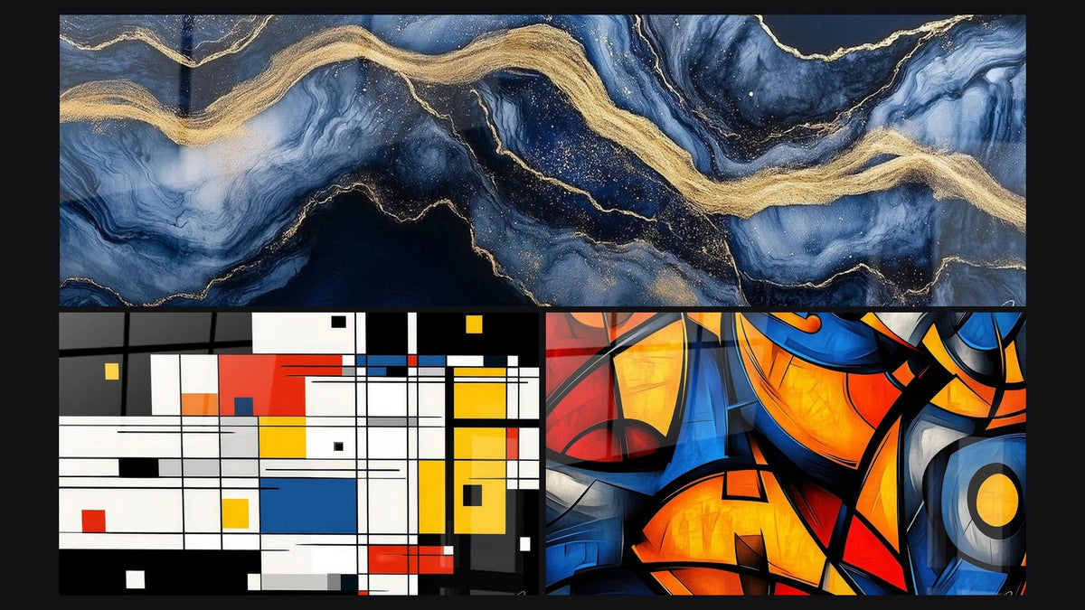 Mosaico de tres cuadros: Mármol Líquido Eternidad Azul, Composición geométrica colorida y Formas geométricas coloridas