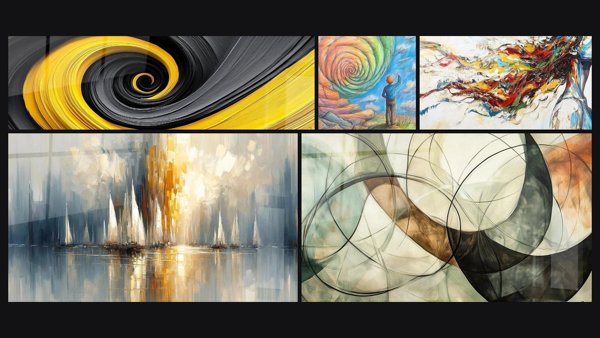Mosaïque de cinq tableaux, dont Spirale dynamique jaune et noir, Enfant contemplant spirale cosmique et Aurore sur la Baie