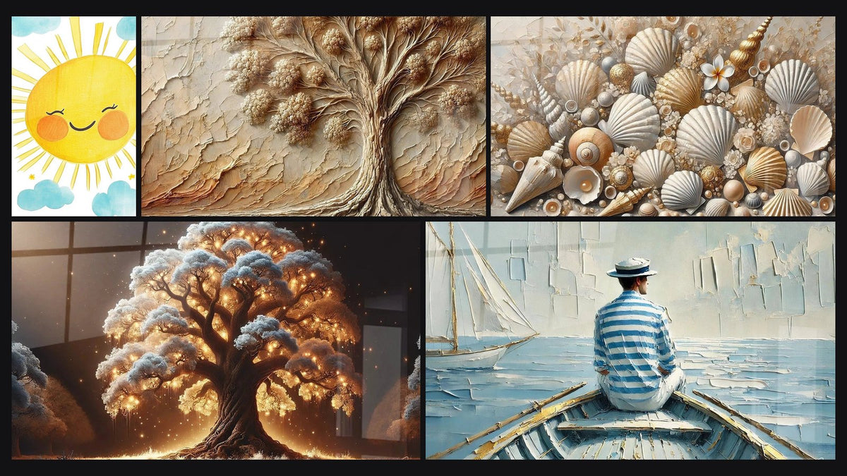 Mosaïque de cinq tableaux, dont Enfants N°21, Arbre de Nuit et Arbre d'Antan