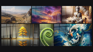Mosaic of six paintings, including Arid Mountain Landscape, Dramatic Storm and Eternal Tranquility