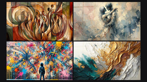 Mosaico de cuatro cuadros, entre ellos Danza de Siluetas, Explosiones y Entre Nosotros