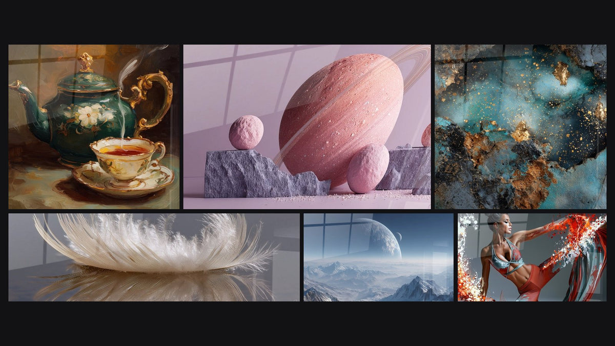 Mosaïque de six tableaux, dont Planète rose avec anneaux, Planète extraterrestre et Galaxie abstraite