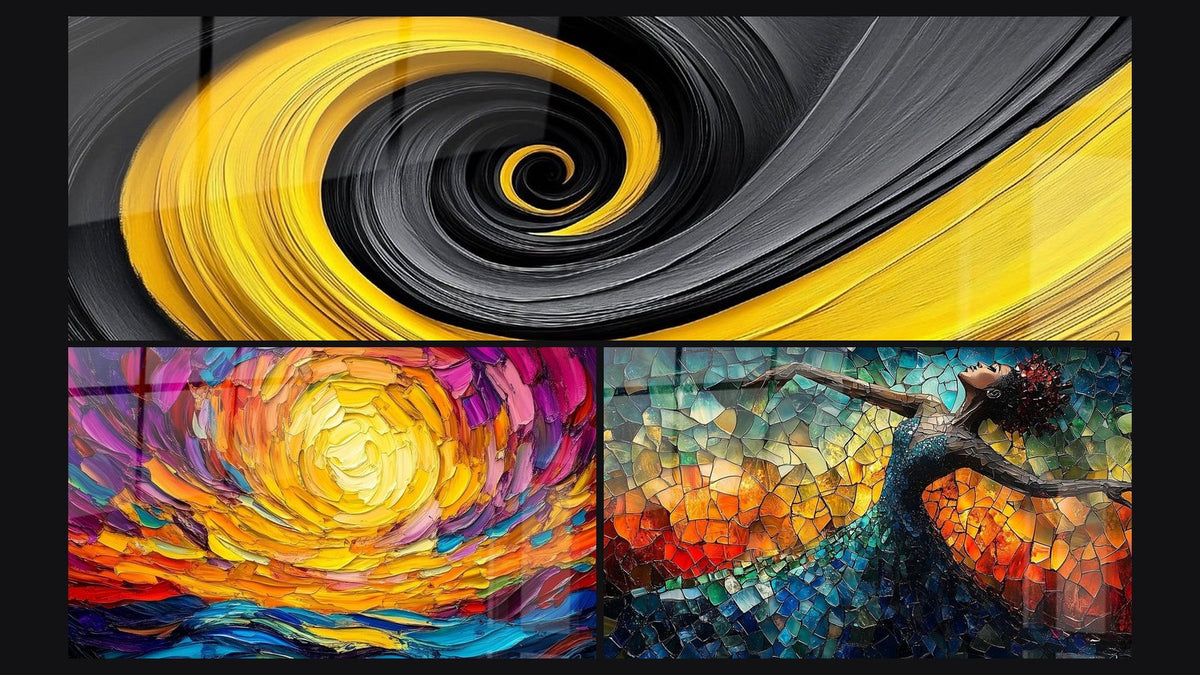 Mosaïque de trois tableaux : Spirale dynamique jaune et noir, Soleil couchant spirale et Danse Feu Libératrice Rouge