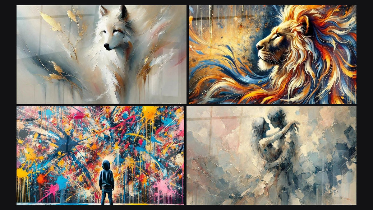 Mosaico de cuatro cuadros, entre ellos Sabiduría Blanca, Llama Salvaje y Explosiones