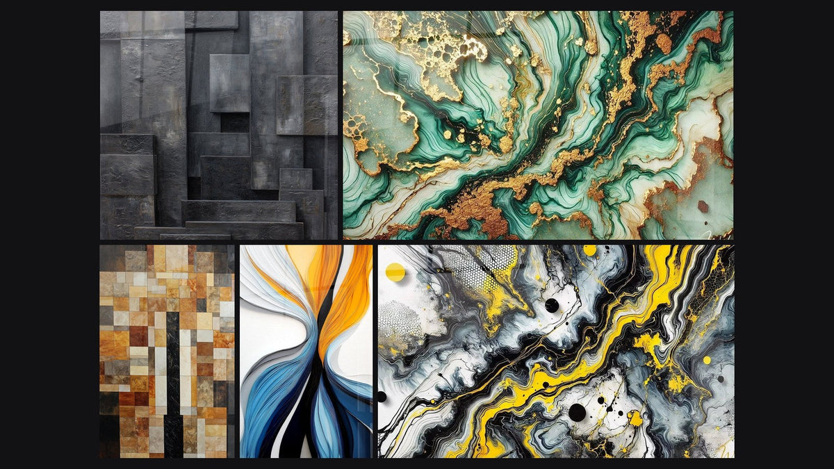 Mosaico de cinco cuadros, entre ellos Flujo dinámico colorido, Impacto Negro y Mármol Misterioso