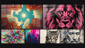 Mosaic of six paintings, including Vertical Vertigo Urban Red, Street Art Wall Art N°4 and Fluorescent Glow