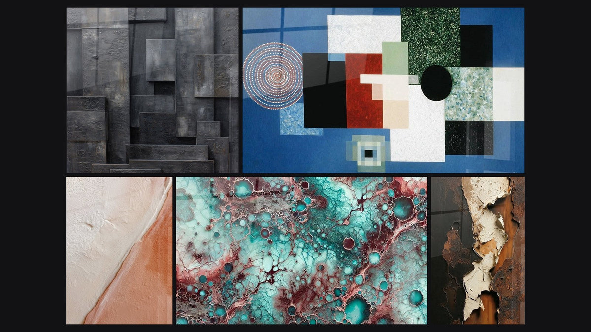 Mosaico di cinque quadri, tra cui Essenza di Granato e Composizione Geometrica Ordine Razionale
