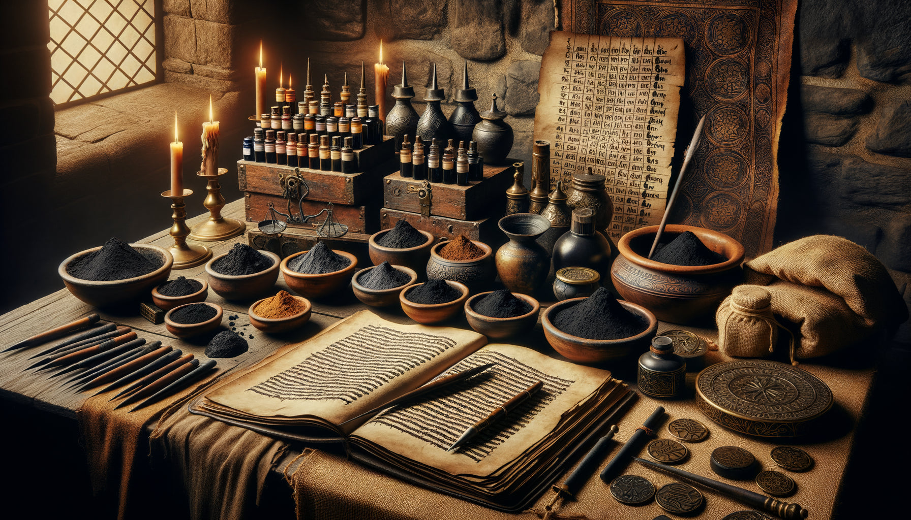 Atelier médiéval de marchand de pigments noirs montrant pigments locaux et importations orientales luxueuses, 14ème siècle