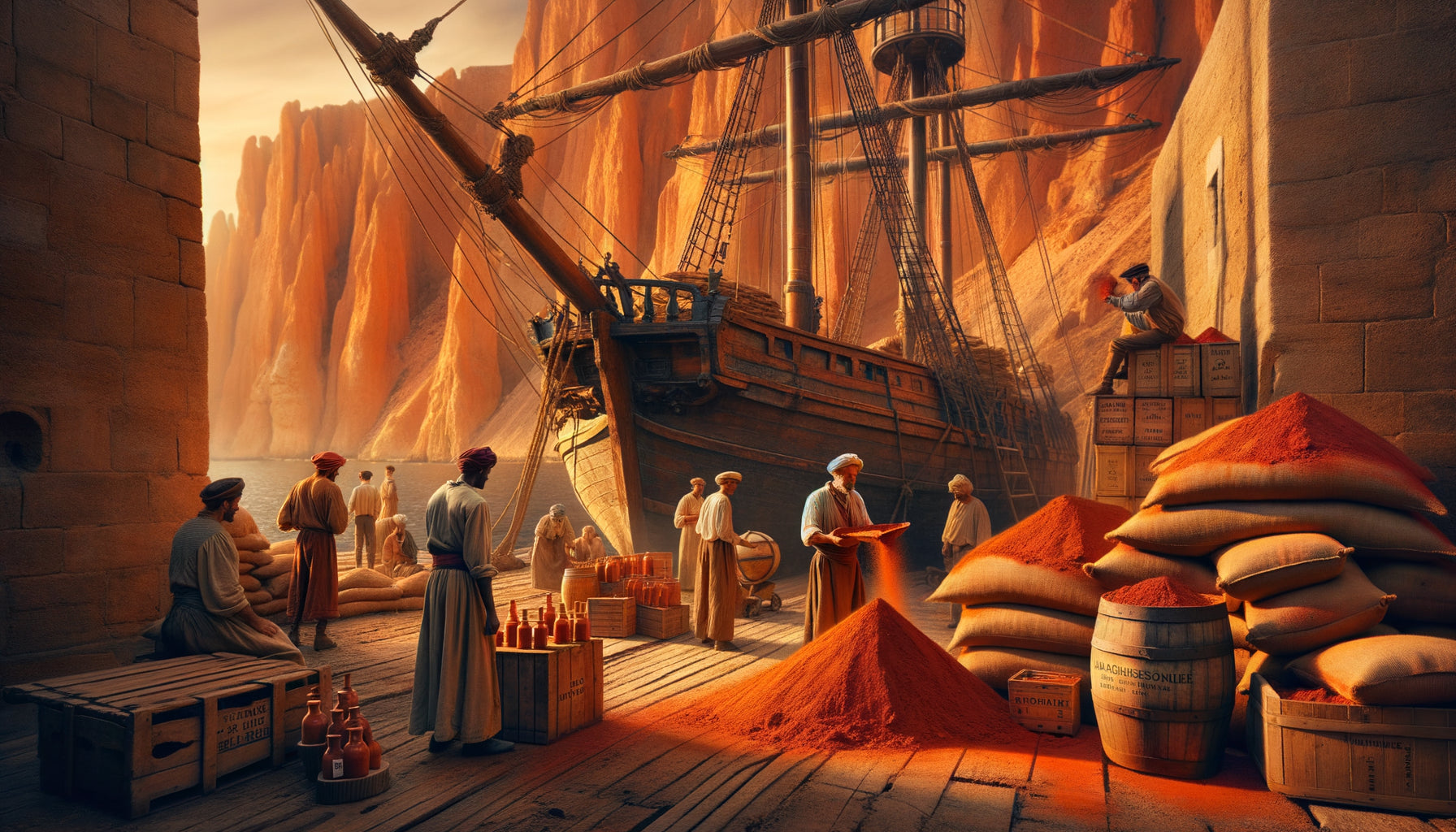 Scène portuaire méditerranéenne du 19ème siècle montrant le chargement de pigments d'ocre rouge de Roussillon vers l'Afrique du Nord