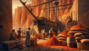 Scène portuaire méditerranéenne du 19ème siècle montrant le chargement de pigments d'ocre rouge de Roussillon vers l'Afrique du Nord