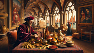 Intérieur vénitien du XVe siècle montrant marchand d'épices finançant un artiste de la Renaissance, galères au port