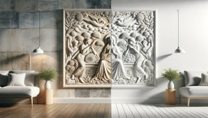 Comparaison photographique d'une fresque murale en blanc mat et blanc poli montrant les différences de réflexion lumineuse