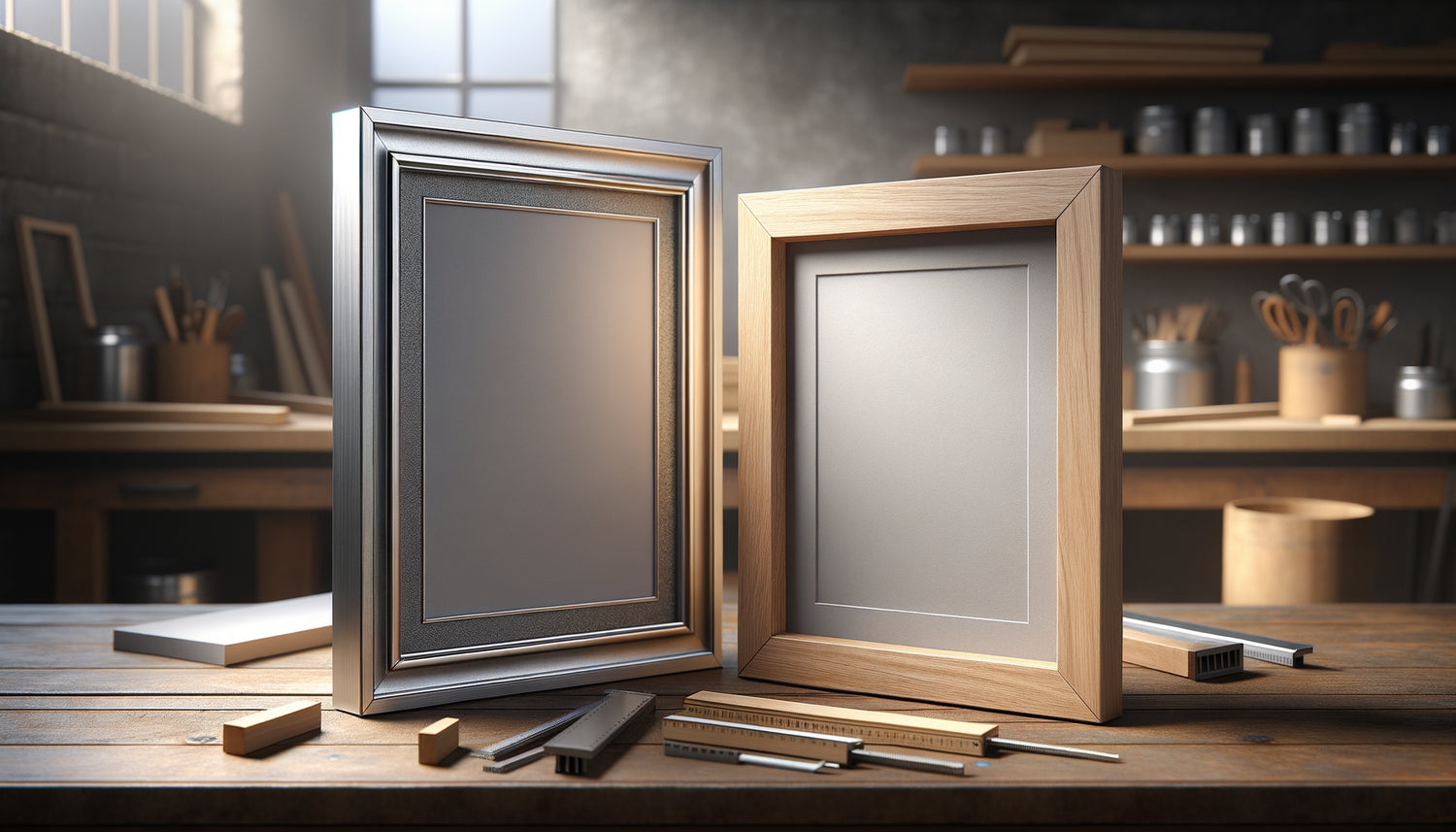 Comparaison rapprochée de cadres en aluminium brossé et bois massif montrant qualité construction et finitions durables
