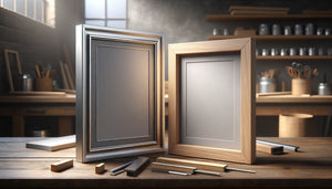 Comparaison rapprochée de cadres en aluminium brossé et bois massif montrant qualité construction et finitions durables