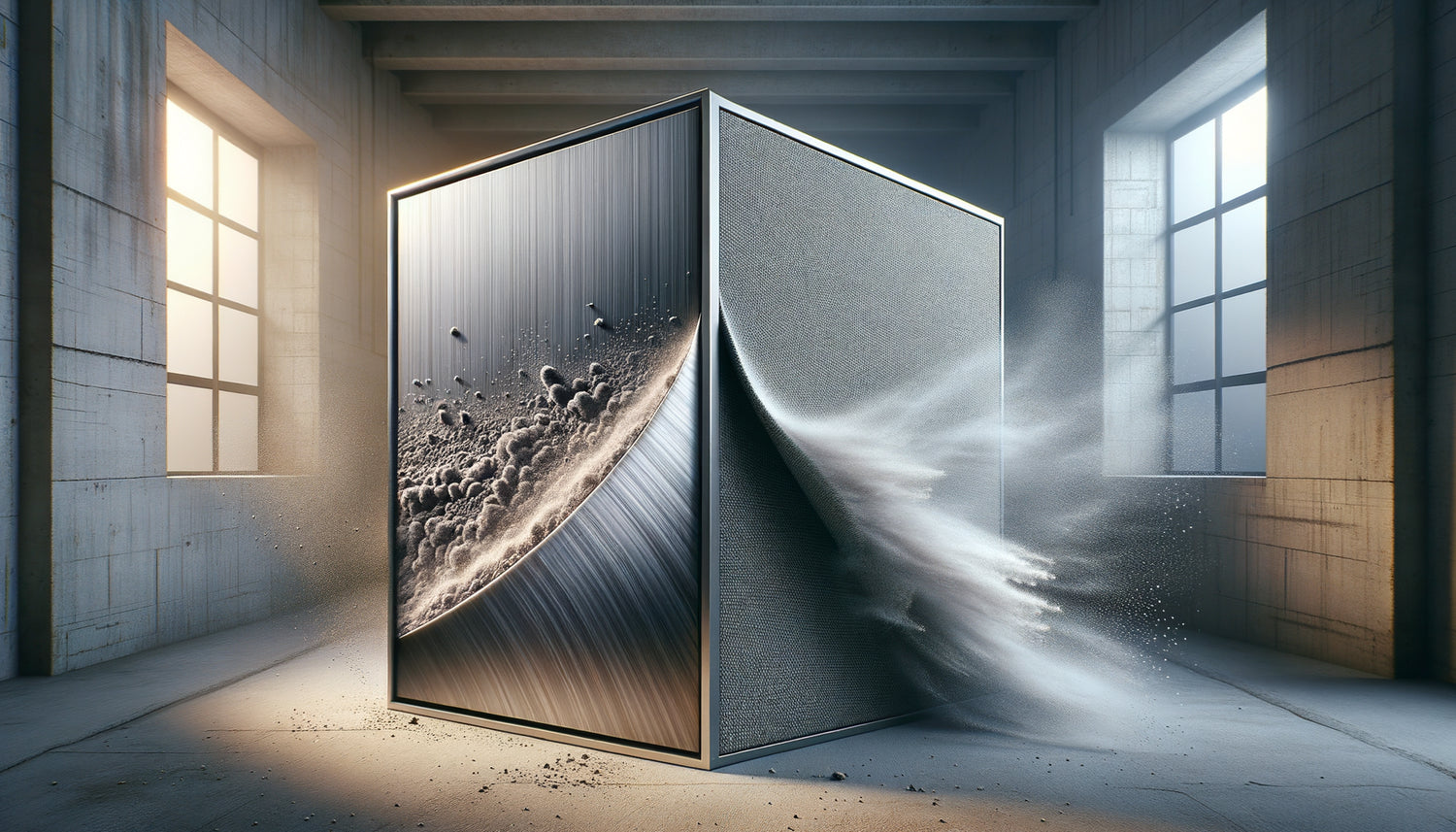 Comparaison visuelle entre impression dibond lisse sans poussière et toile textile poussiéreuse en environnement industriel