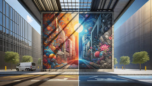 Comparaison visuelle impression numérique et sérigraphie sur mur extérieur sous auvent montrant différences de texture et durabilité