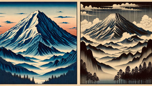 Comparaison estampes ukiyo-e : montagne géométrique Hokusai versus montagne brumeuse atmosphérique Hiroshige, période Edo