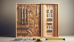 Comparaison rapprochée panneau OSB et contreplaqué avec quincaillerie d'accrochage pour exposition d'œuvres