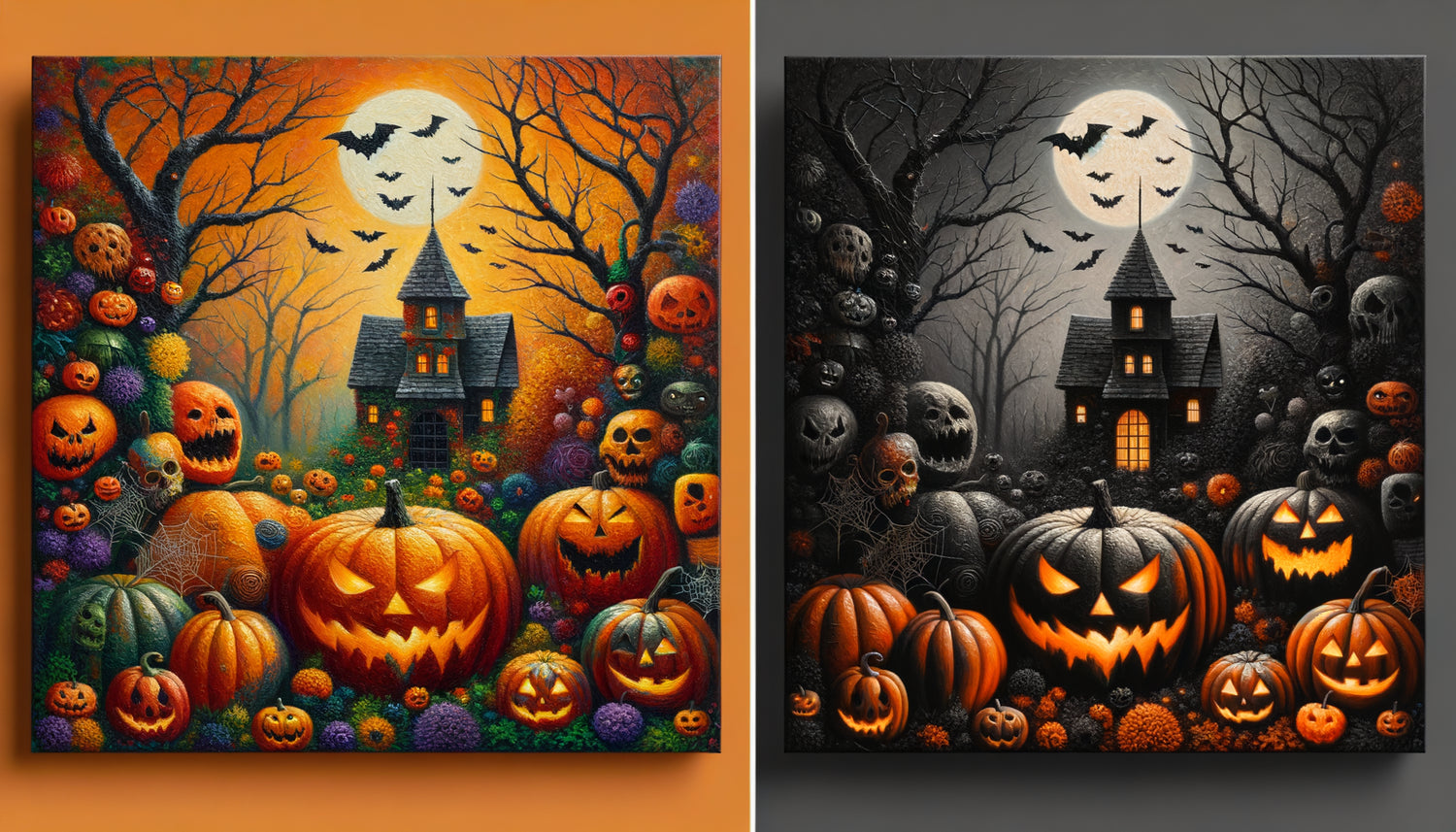 Comparaison côte à côte entre peinture Halloween originale texturée et impression giclée lisse montrant différences de matérialité
