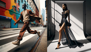 Composition comparative montrant photographie street style urbaine versus portrait studio haute couture sur fond blanc