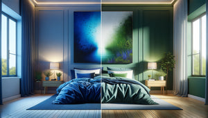 Comparaison visuelle entre chambre avec tableau bleu apaisant et chambre avec tableau vert équilibrant pour illustrer leurs effets calmants distincts