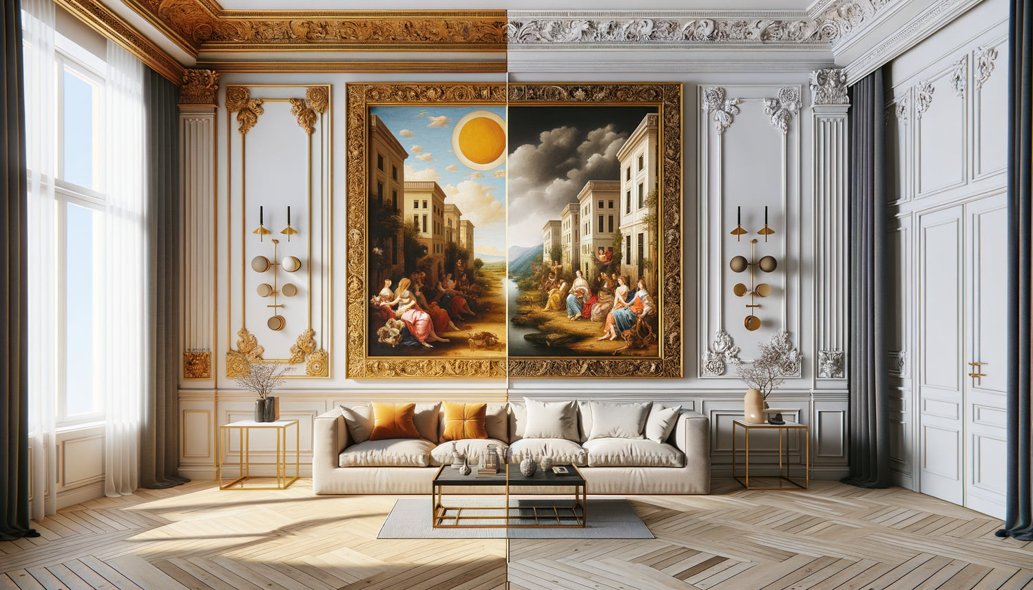 Comparaison visuelle appartement avec décoration classique et tableau traditionnel versus décoration moderne avec art contemporain