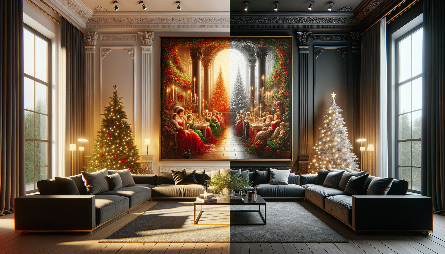 Comparaison visuelle entre tableau de Noël coloré et monochrome dans intérieur contemporain élégant