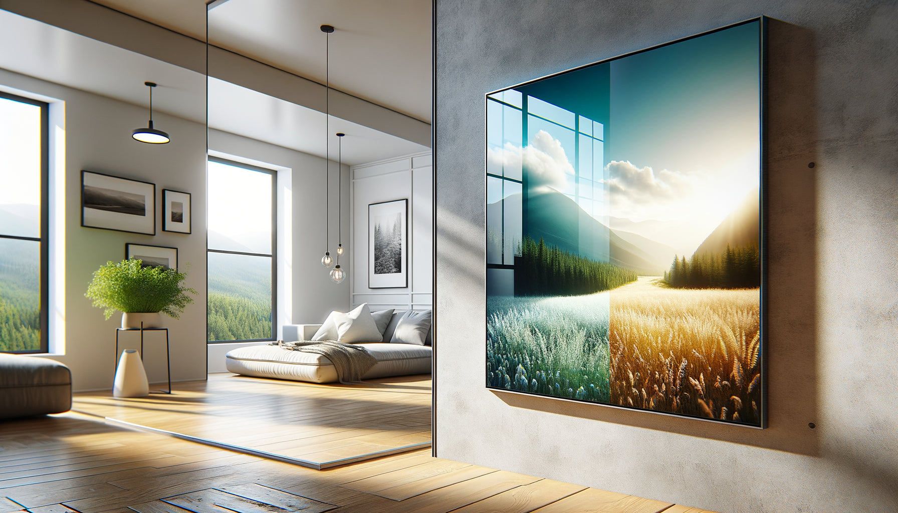 Comparaison côte à côte d'un tableau imprimé sur plexiglas brillant et sur toile classique mate dans intérieur moderne