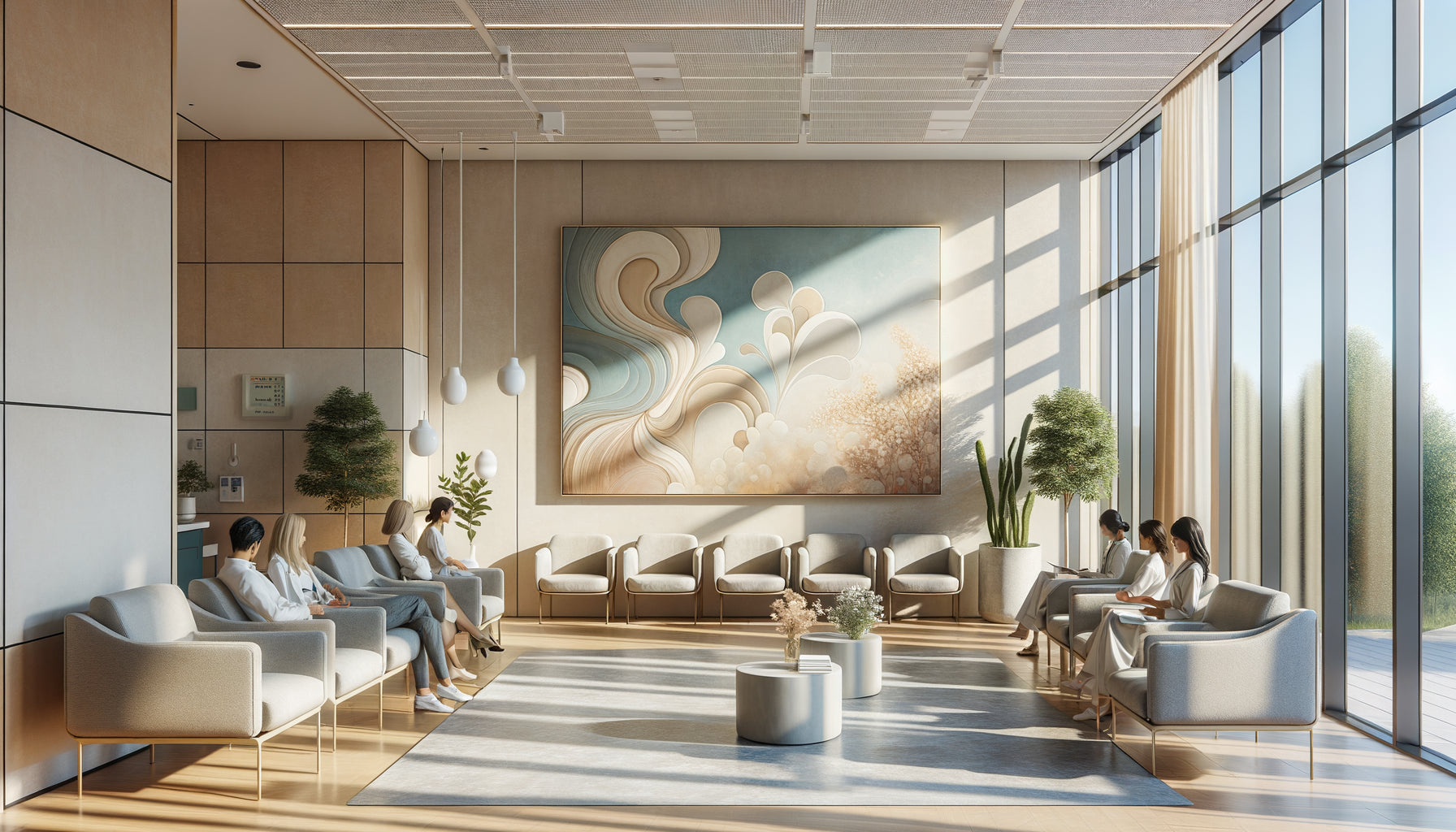 Salle d'attente médicale moderne avec tableau abstrait apaisant et peinture figurative comparative sur les murs