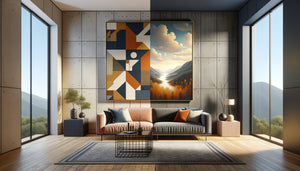 Comparaison intérieur moderne avec tableau abstrait géométrique versus œuvre figurative paysage, même format