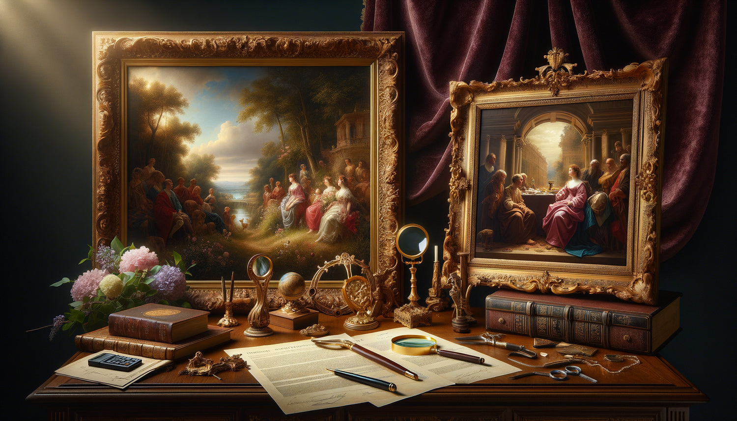 Comparaison côte à côte d'une peinture historique française rococo et d'une œuvre Renaissance italienne sur bureau d'expert