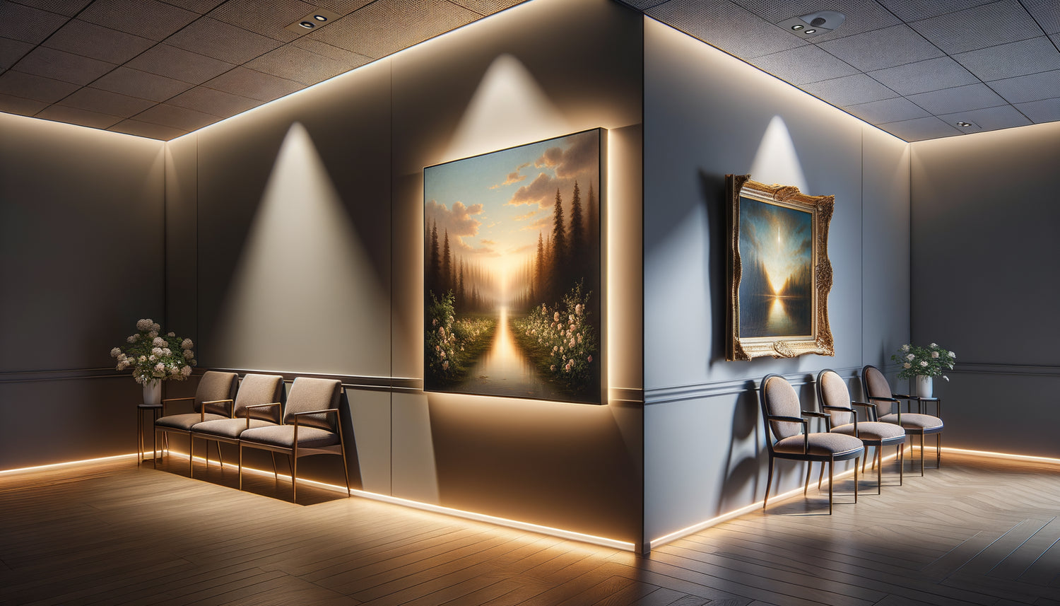 Comparaison salle d'attente moderne : tableau lumineux LED à gauche versus tableau traditionnel éclairé par spot à droite