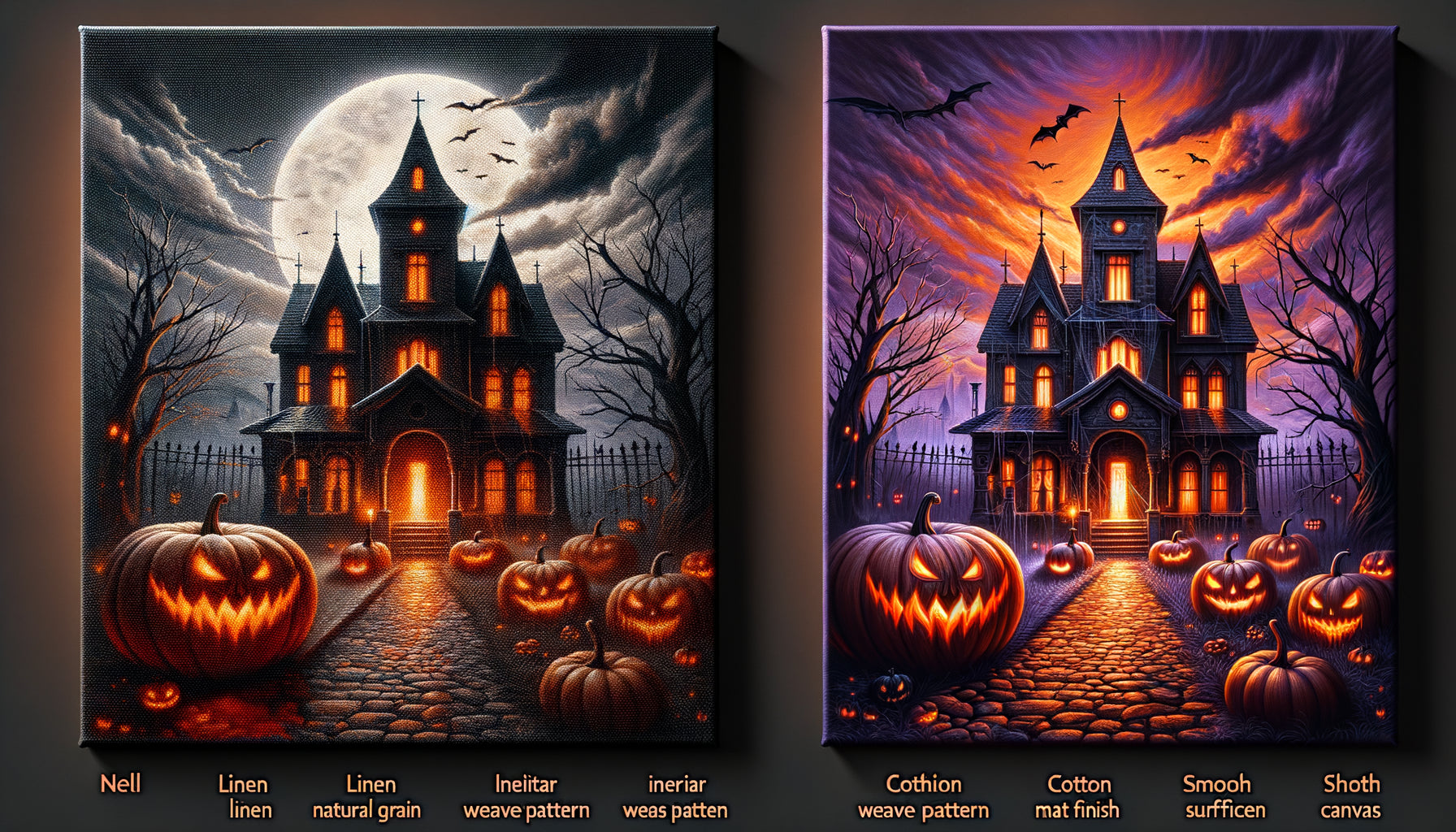 Comparaison côte à côte d'une œuvre Halloween sur toile lin à texture noble versus toile coton à rendu net