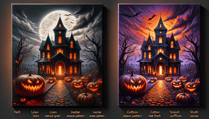 Comparaison côte à côte d'une œuvre Halloween sur toile lin à texture noble versus toile coton à rendu net