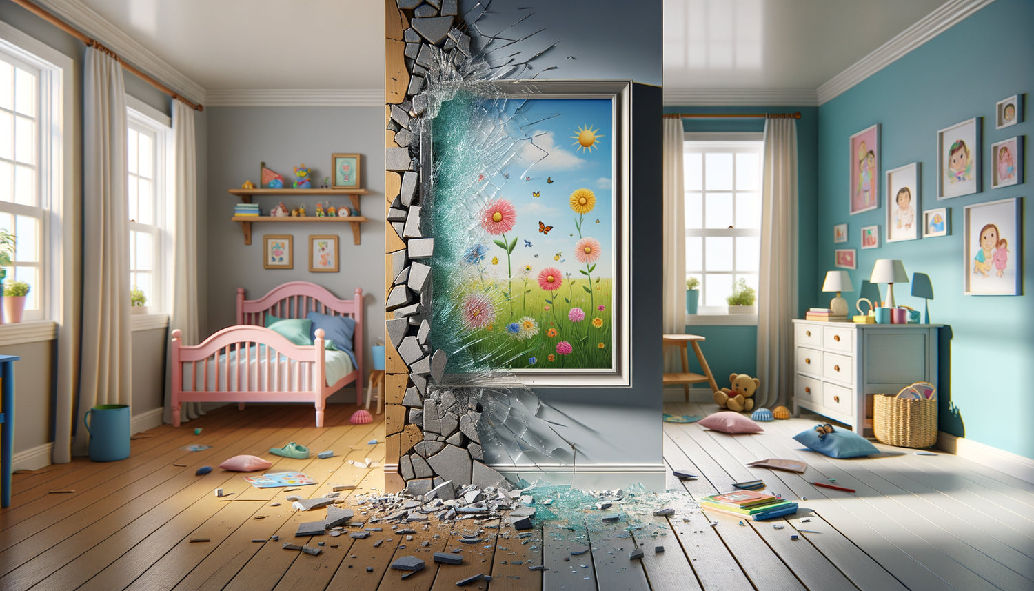 Comparaison sécurité verre acrylique intact versus verre minéral brisé en éclats dangereux pour protection tableau chambre enfant
