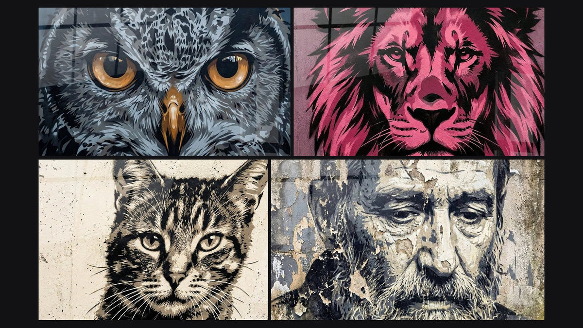 Mosaico di quattro quadri, tra cui Gufo occhi dorati su fondo grigio urbano e Leone rosa fucsia con toni violacei