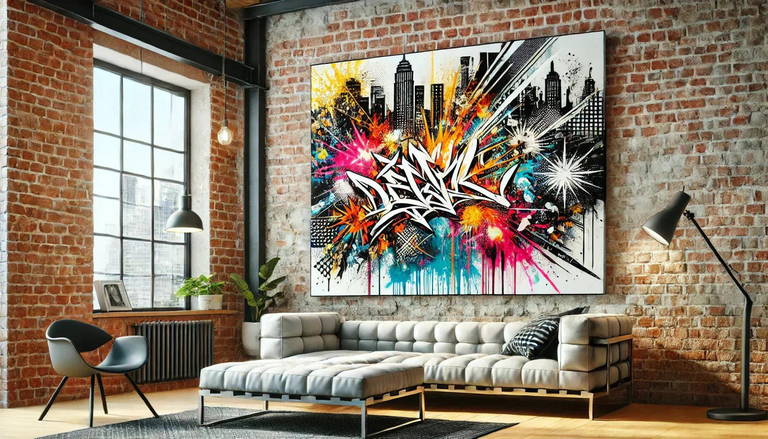 Tableau street art coloré avec des graffitis dynamiques et un design urbain, idéal pour une décoration murale moderne et tendance.
